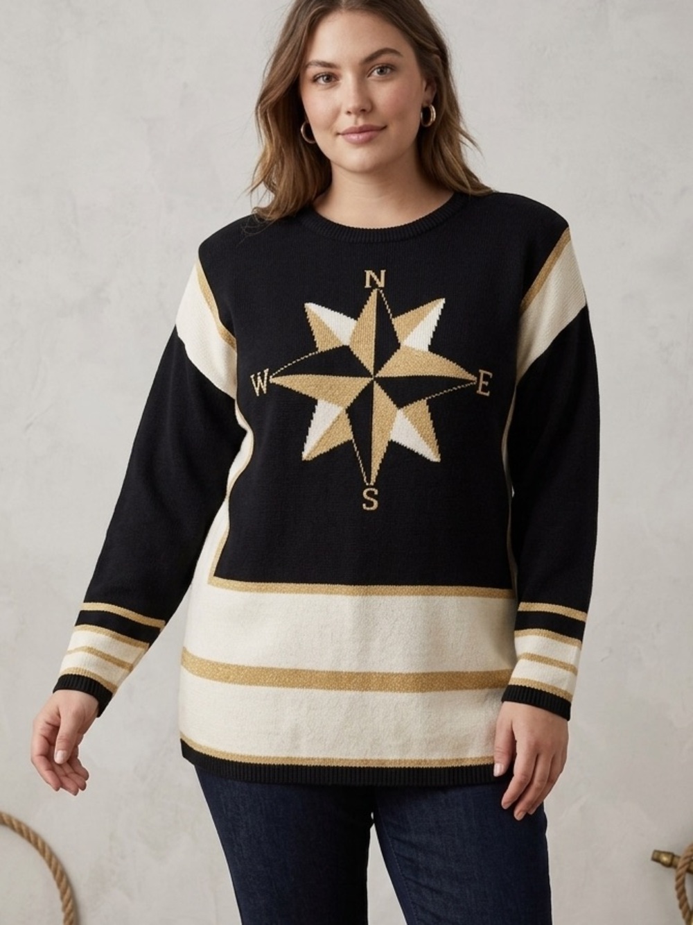 Mcnaughton Nautical Compass Sweater in Black Gold Shoulder Pads Size 2X Vintage